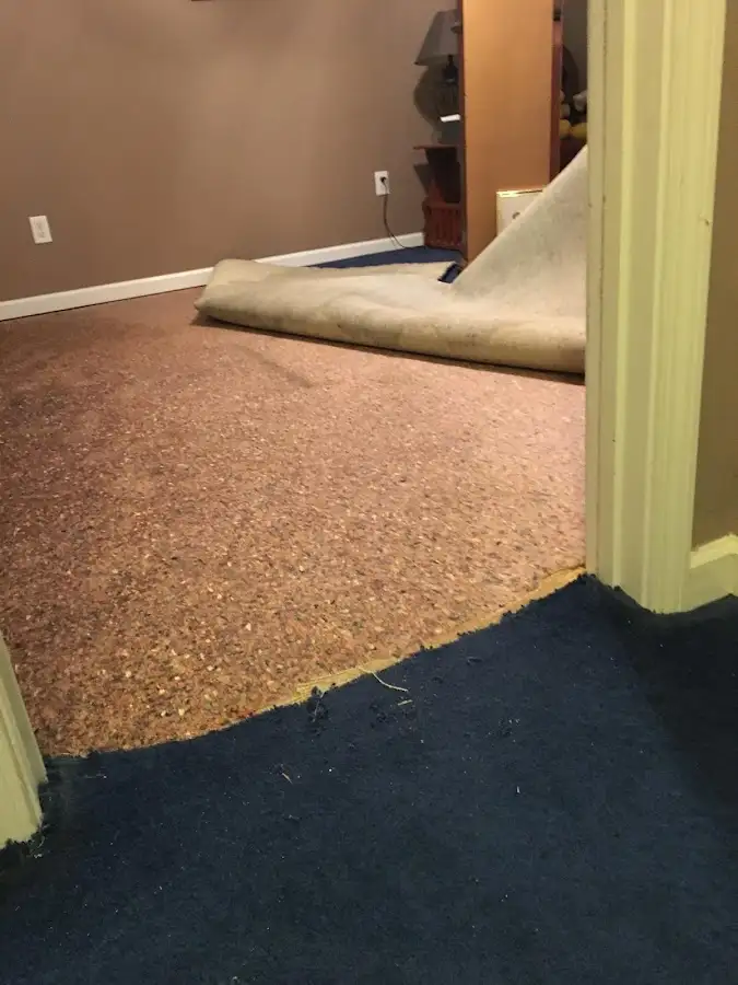 Carpet pad removal revealing water damage during Drying & Dehumidification in Whitestown